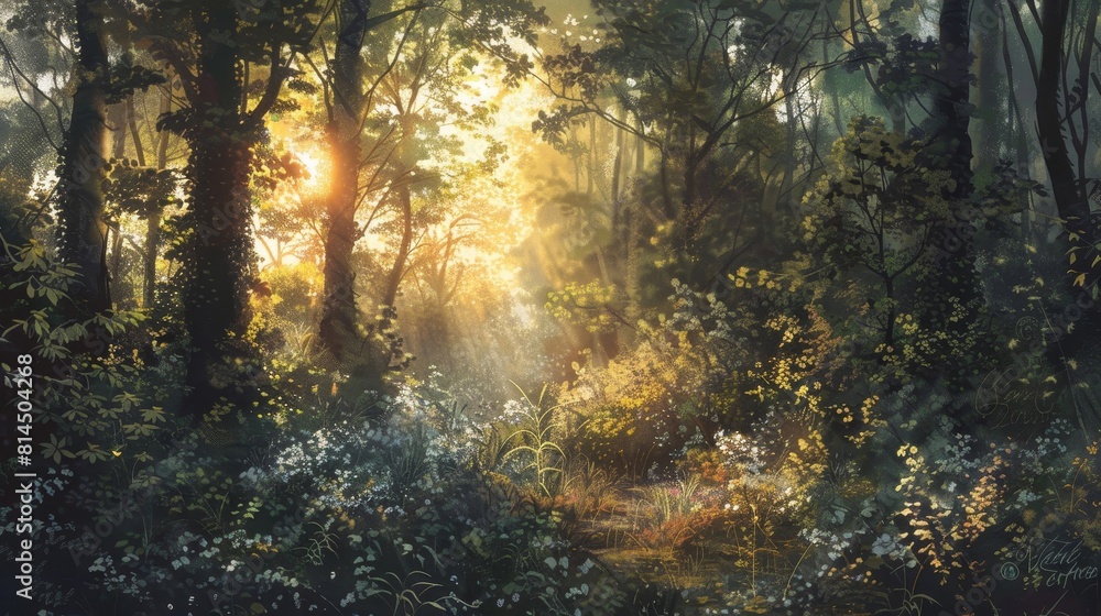 Obraz premium Soft light filters through foliage casting inviting glow wallpaper