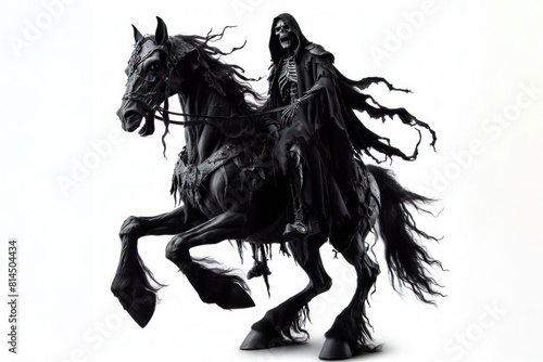 scary dark knight on the black horse Isolated on white background