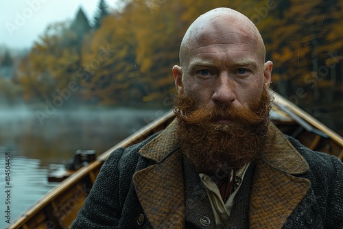 Bald Man with Thick Beard in Enchanted Boat by Forest