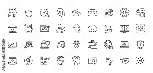 Online question, Attention and Diamond line icons pack. AI, Question and Answer, Map pin icons. Remove image, Eye detect, Seo adblock web icon. Software, Shield, Report pictogram. Vector