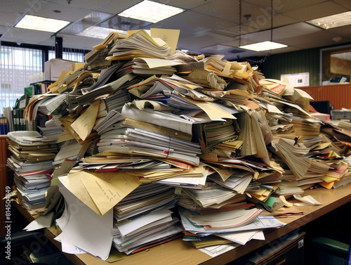 large piles of files piled up on a desk, heavy workload - ai
