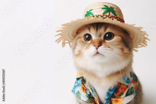Cat with a happy face wearing a Hawaiian shirt and a straw hat  vacation summer concept