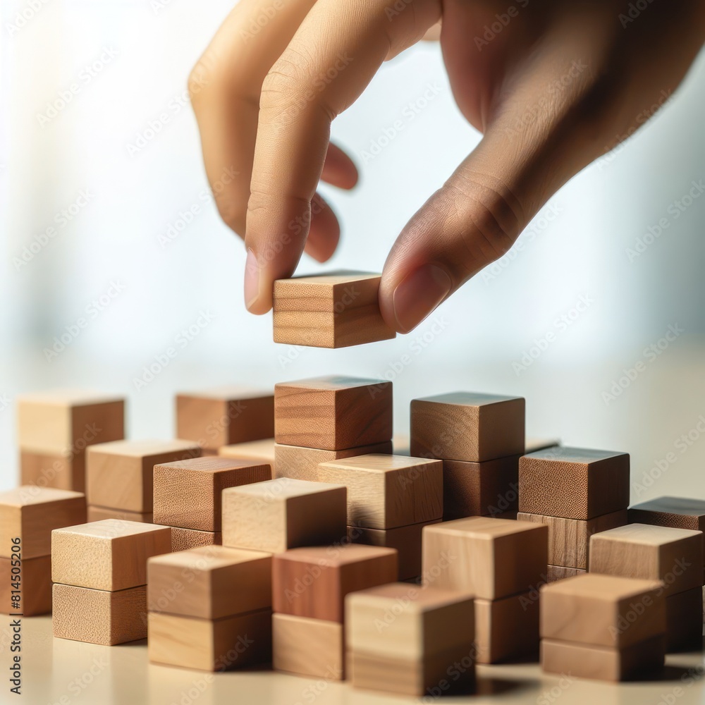 close up hand arranging wood block stacking, Isolated on white background copy space close up hand arranging wood block stacking, Isolated on white background copy space
