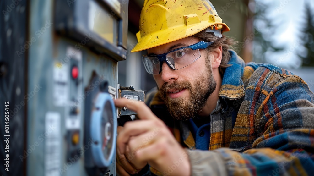 Electrician working with electrical panels, circuit boards Electrician working with electrical panels, circuit boards