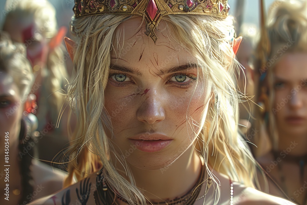 Blonde Warrior: Hyper-Realistic Crowned Majesty - Vibrant Tattoos & Stunning Eyes Blonde Warrior: Hyper-Realistic Crowned Majesty - Vibrant Tattoos & Stunning Eyes
