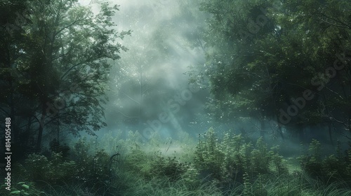 Tranquil forest with rising mist wisps wallpaper