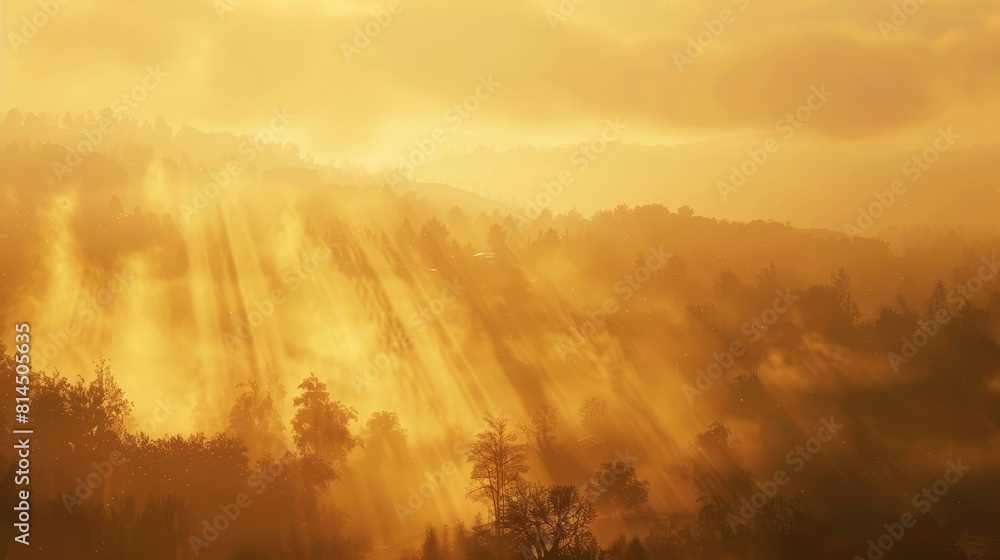 Fototapeta premium Soft rays of golden light cast through mist hinting at sunlight's presence wallpaper
