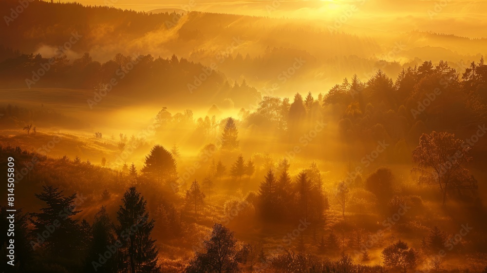 Warm inviting glow suffuses misty landscape with diffuse light wallpaper