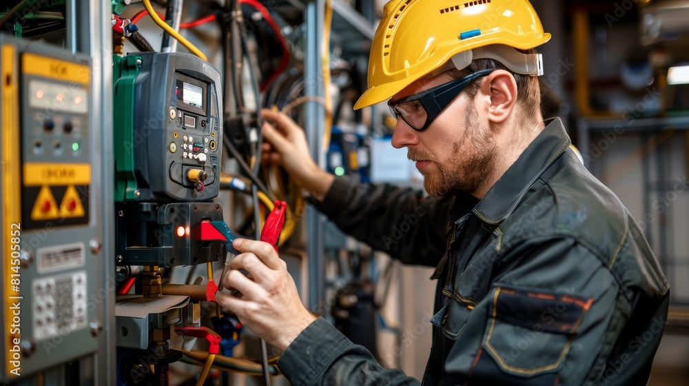 Electrician working with electrical panels, circuit boards Electrician working with electrical panels, circuit boards
