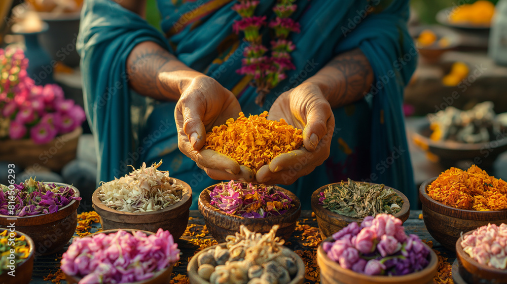 Fototapeta premium A visually elaborate image showcasing a practitioner of Ayurvedic medicine preparing herbal remedies and oils for a customized treatment plan, blending ancient wisdom with modern s