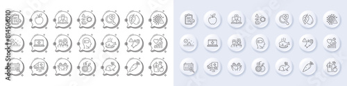 Fish dish, Telemedicine and Use gloves line icons. White pin 3d buttons, chat bubbles icons. Pack of Juice, Heart beat, Doctor icon. Weariness, Wash hand, Mineral oil pictogram. Vector