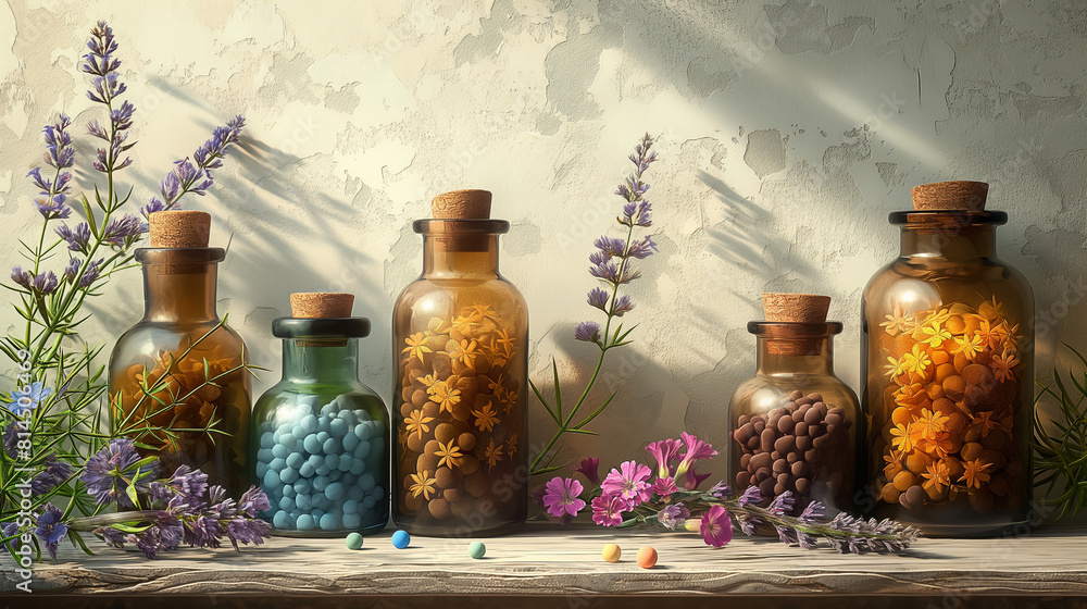 An artistic representation of a homeopathic medicine consultation, with the practitioner carefully selecting individualized remedies based on the patient's unique symptoms and cons An artistic representation of a homeopathic medicine consultation, with the practitioner carefully selecting individualized remedies based on the patient's unique symptoms and cons