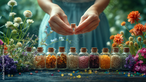 An artistic representation of a homeopathic medicine consultation, with the practitioner carefully selecting individualized remedies based on the patient's unique symptoms and cons photo
