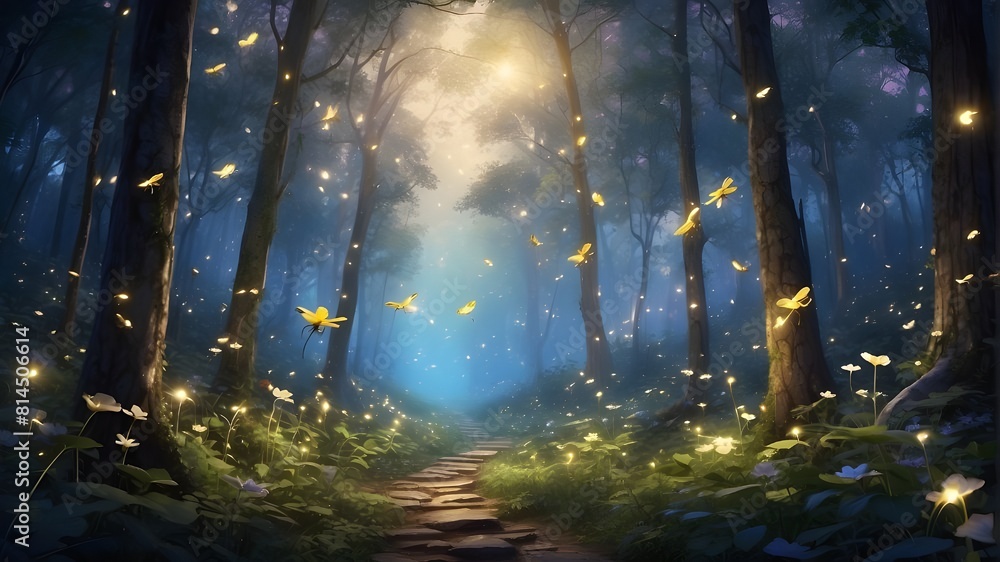 A magical forest is illuminated by glowing fireflies in a captivating display of the beauty and enchantment of nature.