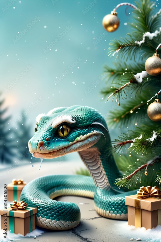 Fototapeta premium New Year snake with gifts under the Christmas tree, New Year card