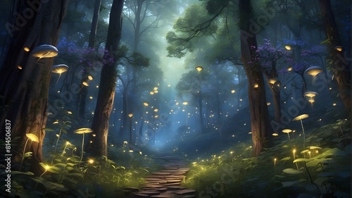 A magical forest is illuminated by glowing fireflies in a captivating display of the beauty and enchantment of nature.