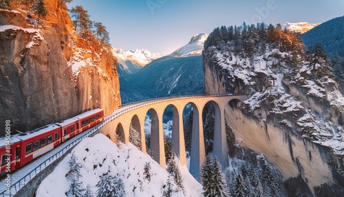Aerial view of train passing through famous mountain in Filisur, Switzerland photo