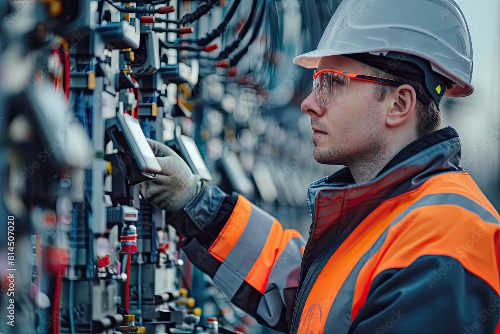Fototapeta premium Electrical Engineer Inspecting Control Panel