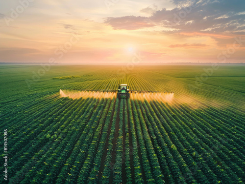 Aerial View of Tractor Spraying Pesticides on Green Soybean Plantation at Sunset - Drone View - ai