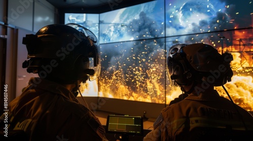 Two firefighters in helmets observe a large fire displayed across multiple screens in a dark command center.