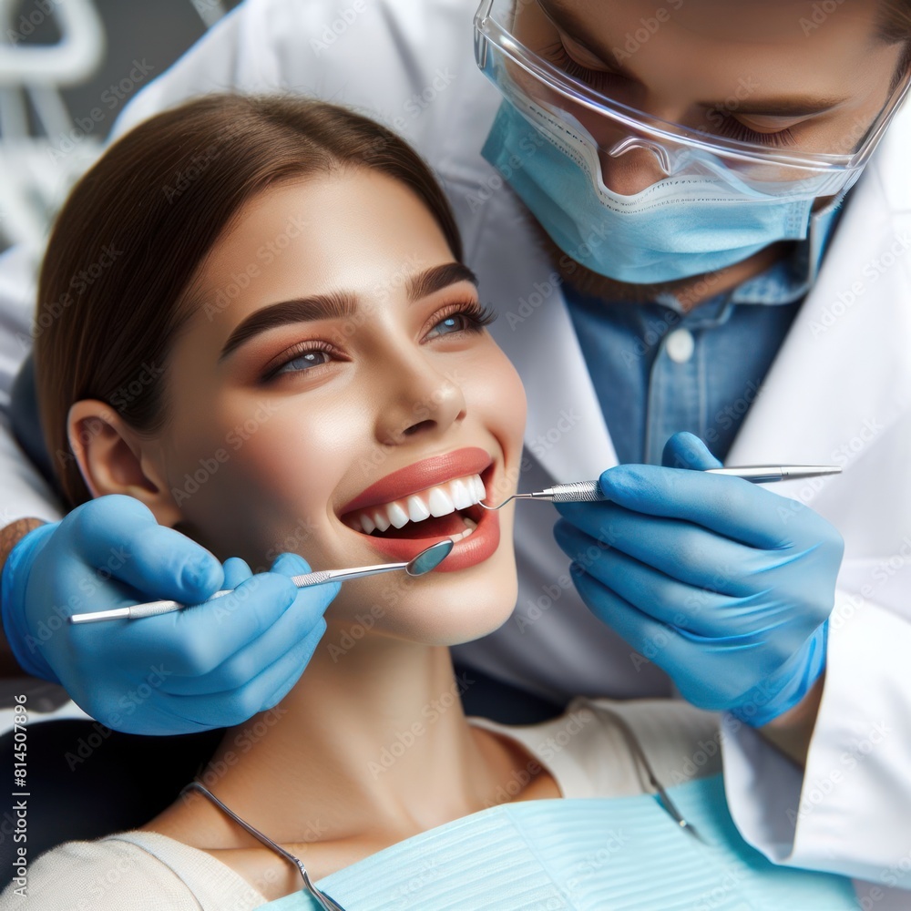 Skilled dentist examines a woman's teeth during a comprehensive mouth checkup Skilled dentist examines a woman's teeth during a comprehensive mouth checkup