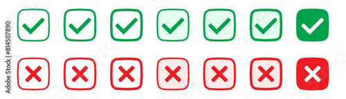 Right or wrong icons. Green tick and red cross checkmarks. Yes or no symbol, approved or rejected icon for user interface.