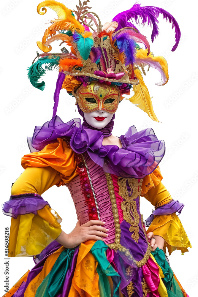 A woman wearing a mask and colourful carnival costumes isolated on a transparent background A woman wearing a mask and colourful carnival costumes isolated on a transparent background
