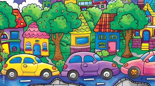 A cartoon illustration depicts a line of colorful and variously shaped cars parked on a city street lined with colorful houses of different architectural styles, 