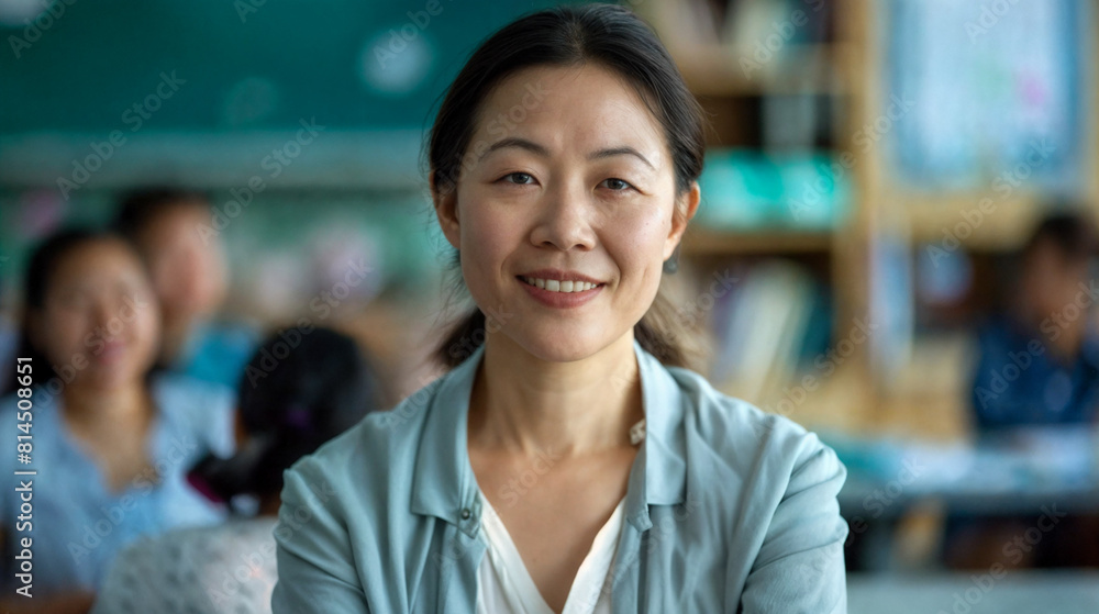 Teacher in the classroom. Smiling asian woman school teacher. Education at school or university. Process of learning and education. Teacher in the classroom. Smiling asian woman school teacher. Education at school or university. Process of learning and education.