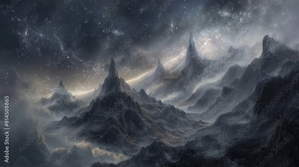 Mist swirls around peaks creating otherworldly landscape wallpaper
