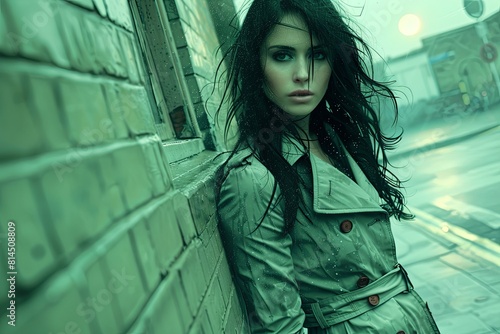 Mysterious Woman on Windowsill: Full Moon Trenchcoat Street Corner
