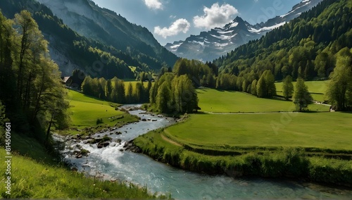 wide side view, mountain, forrest landscape, lake and waterfall, valley with fields, switzerland inspiration, nikon d5600 photography © Gaming