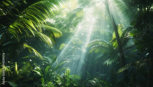Mystical sunlight rays filtering through a lush green tropical rainforest canopy  creating a magical and invigorating environment