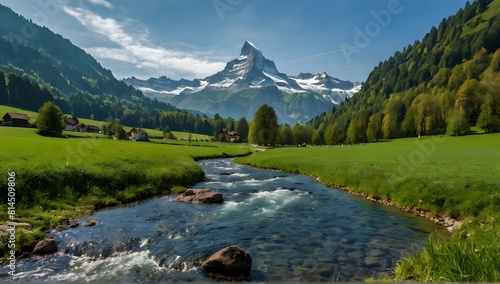 wide side view, mountain, forrest landscape, lake and waterfall, valley with fields, switzerland inspiration, nikon d5600 photography photo