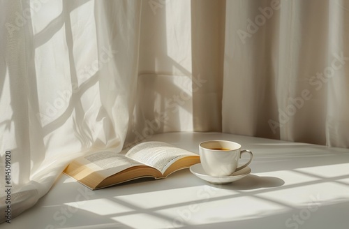 Coffee Cup and Open Book on Table