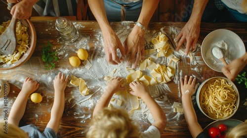 A lively kitchen scene of making a homemade pasta dinner