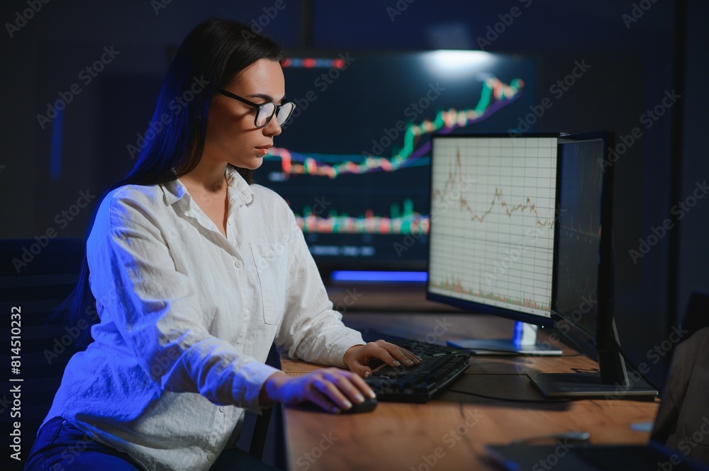 Woman trader. Lady invests through computer. Businesswoman keeps track of stock price Woman trader. Lady invests through computer. Businesswoman keeps track of stock price