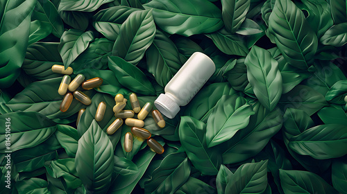 Herbal drug and Bottle on leaves. Herbal supplement capsules on green leaves background, capsules with inner glow. photo