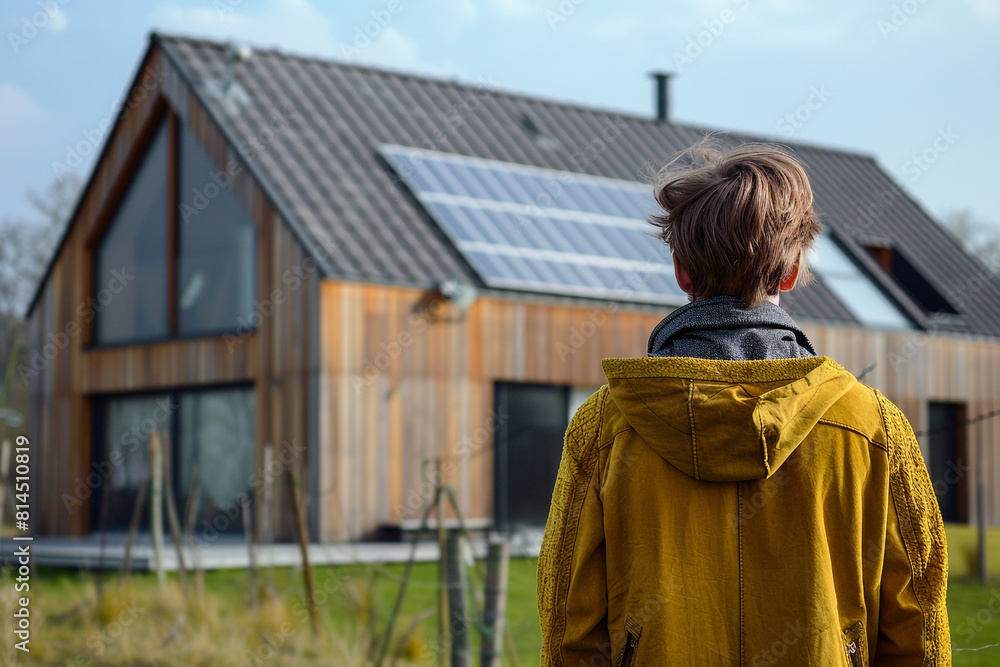 A young individual gazes towards a modern ecofriendly home equipped with solar panels, symbolizing the new generations commitment to sustainable living and renewable energy 