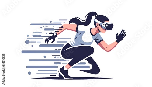 A flat design illustration of a woman in VR glasses practicing evasive maneuvers against a digital attacker, isolated on a white background. photo