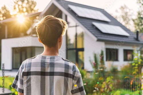 A young individual gazes towards a modern ecofriendly home equipped with solar panels, symbolizing the new generations commitment to sustainable living and renewable energy 