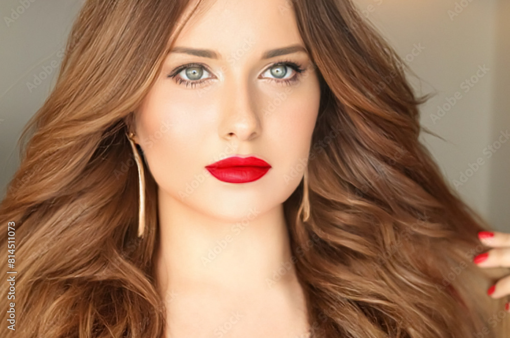 Fototapeta premium Beauty, makeup and hairstyle, face portrait of beautiful woman, red lipstick make-up and hair styling for skincare cosmetics, hair care, glamour style and fashion look idea