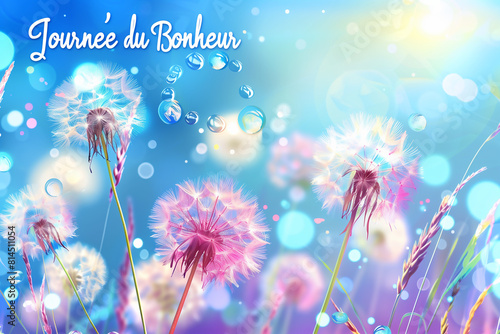 pissenlits en fleurs lumineux et colorés avec des gouttes d'eau et des bulles, sur fond bleu clair et pastel, avec texte en français 'Journée du Bonheur'. 20 mars photo