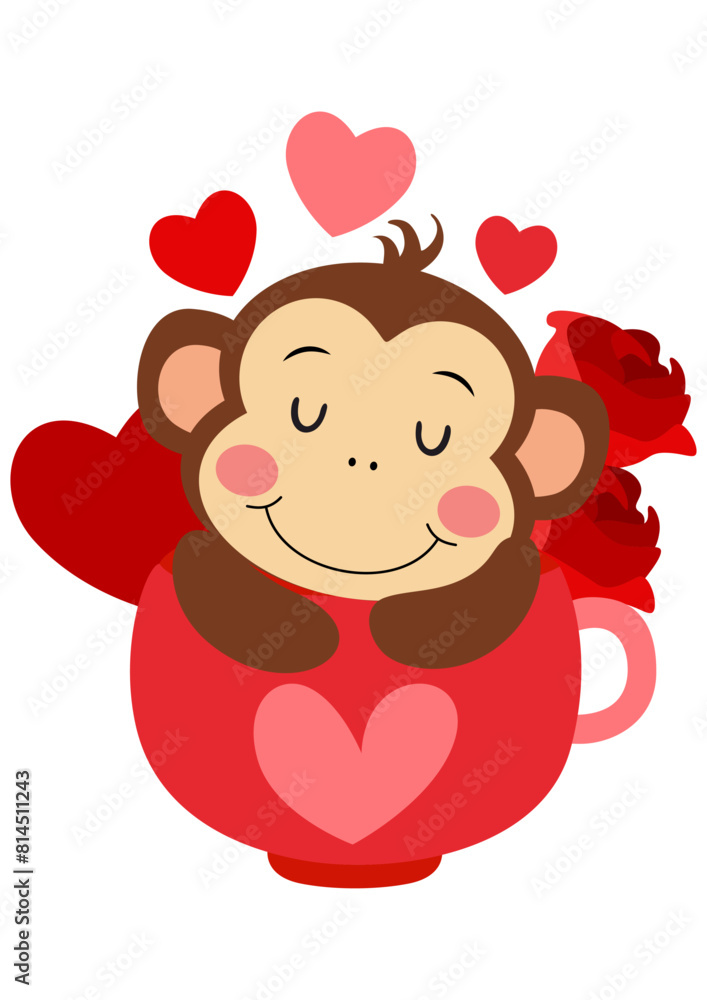 Cute valentine monkey inside red love cup