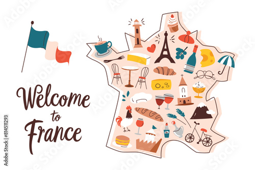 France map with doodles, french national symbols on country shape, travelling to Paris, Eifel tower vector illustration, cartoon composition with lettering, welcome to France, geography drawing