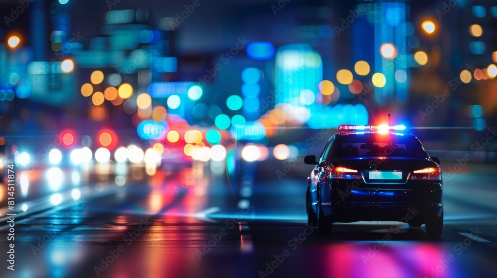 Police Car Driving Down City Street at Night Police Car Driving Down City Street at Night