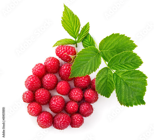 Berry raspberry top view green leaf creative idea healthy food, isolated on white background. © Yasonya