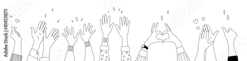 Doodle sketch hands up gestures comic icons silhouettes vector set. Group of line art fun comic hands in the air. Voting or happy congratulation audience recognition symbols.