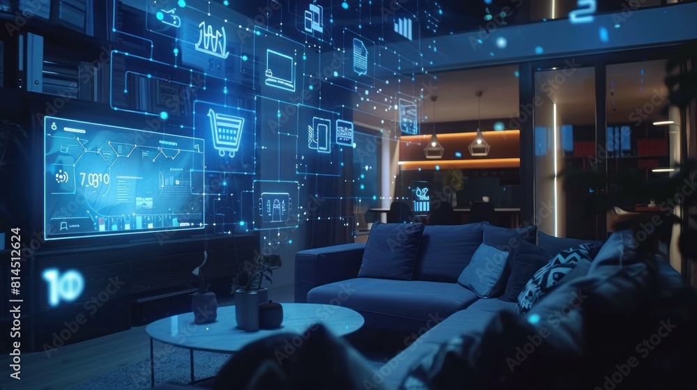 Connected devices and section icons in a smart home interior for modern living Connected devices and section icons in a smart home interior for modern living