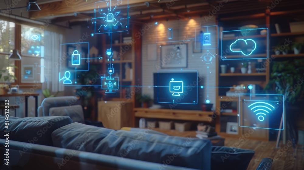 Seamlessly integrated smart home interior with connected devices and modern section icons Seamlessly integrated smart home interior with connected devices and modern section icons
